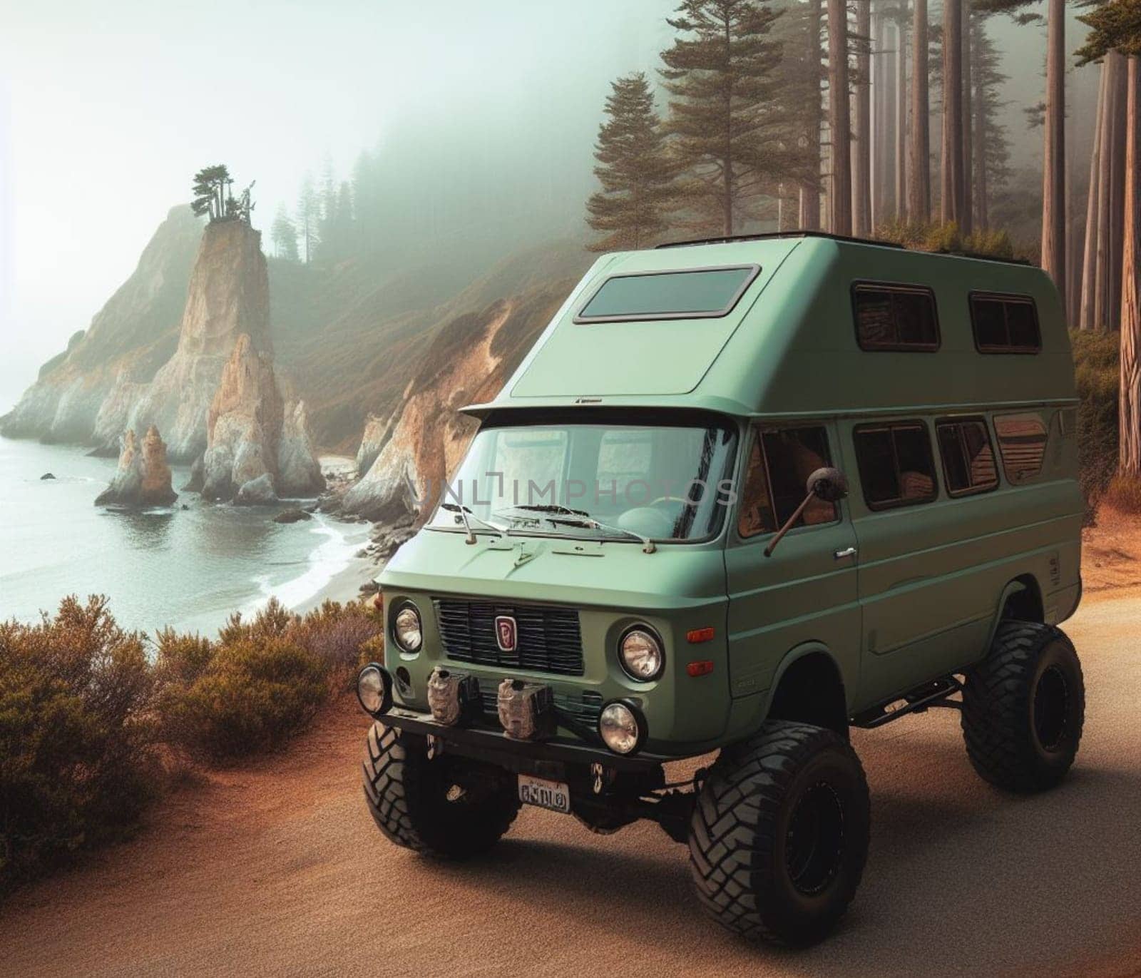 green matte 4x4 lifter vintage van conversion , nomadic lifestyle , offroad wheels, 3d render art ai generated