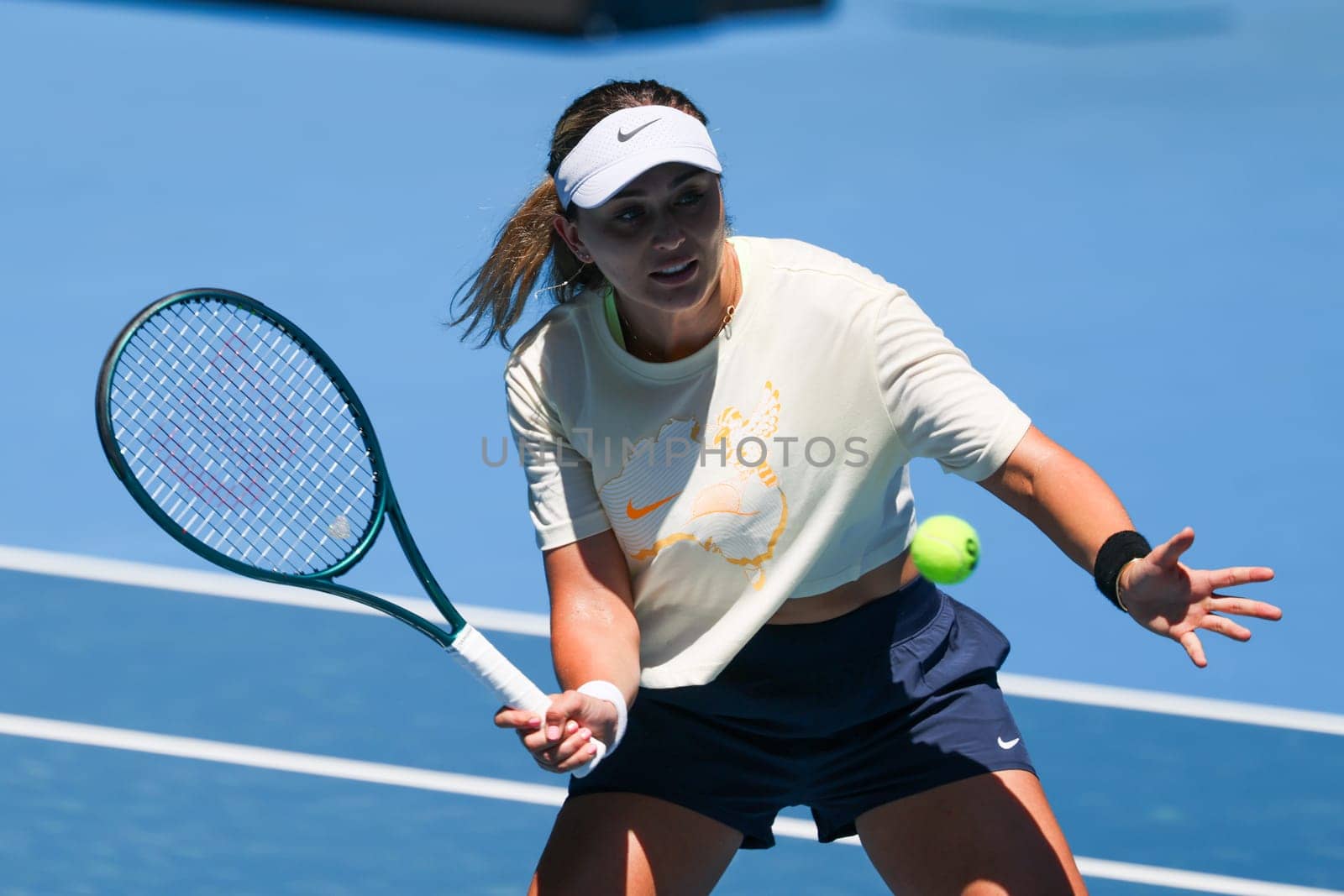 MELBOURNE, AUSTRALIA - JANUARY 12: Paula Badosa of Spain practices with Aryna Sabalenka of Belarus ahead of the 2024 Australian Open at Melbourne Park on January 12, 2024 in Melbourne, Australia.