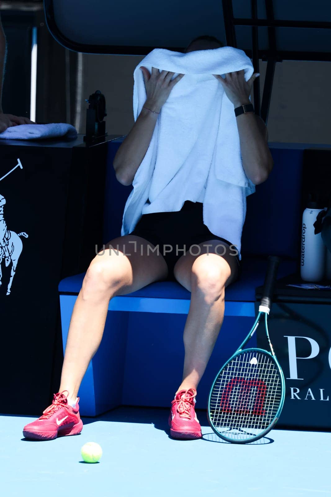 MELBOURNE, AUSTRALIA - JANUARY 12: Aryna Sabalenka of Belarus practices with Paula Badosa of Spain ahead of the 2024 Australian Open at Melbourne Park on January 12, 2024 in Melbourne, Australia.