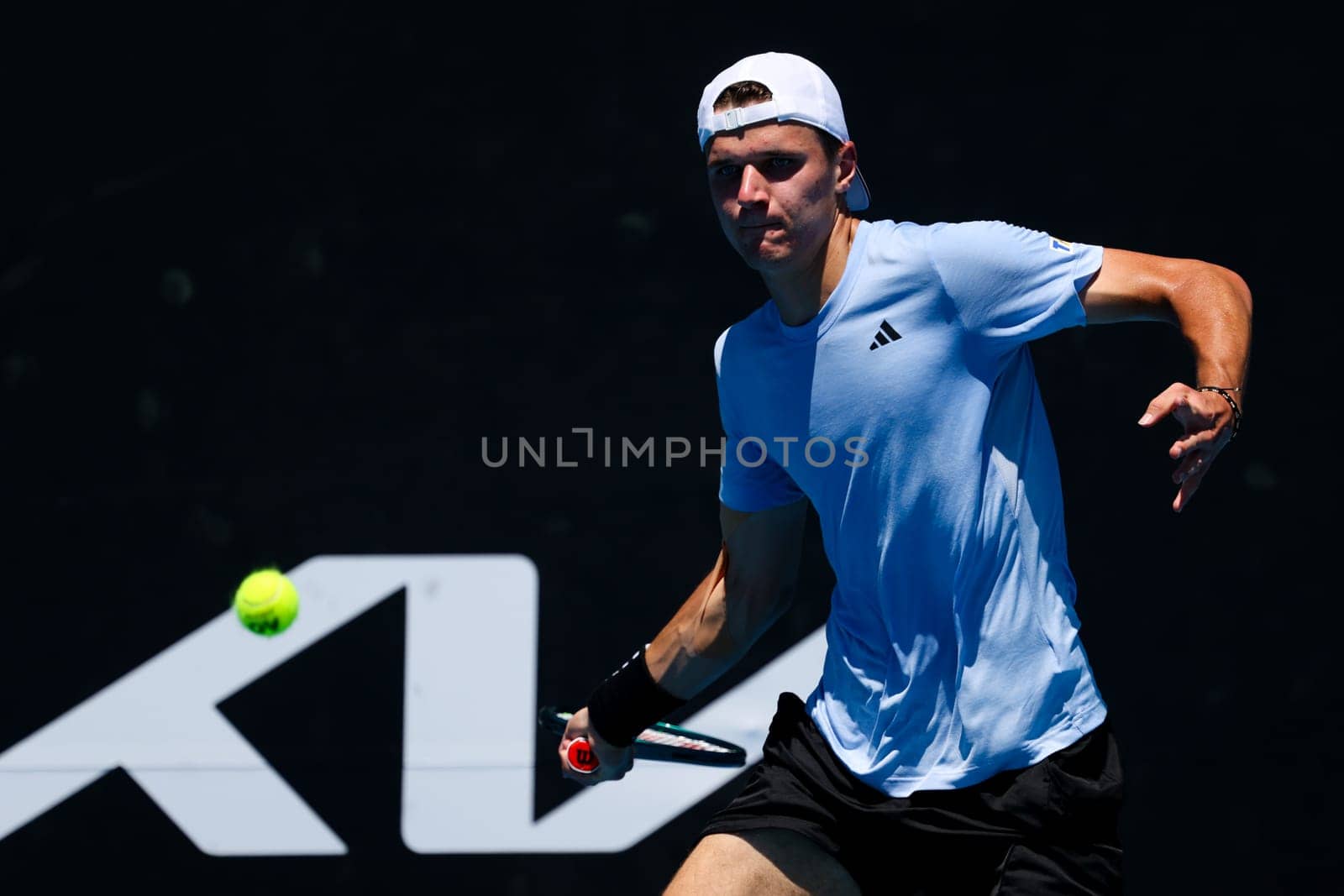 MELBOURNE, AUSTRALIA - JANUARY 12: Jakub Mensik of Czech Republic beats Harold Mayot of France in final round of qualifying ahead of the 2024 Australian Open at Melbourne Park on January 12, 2024 in Melbourne, Australia.