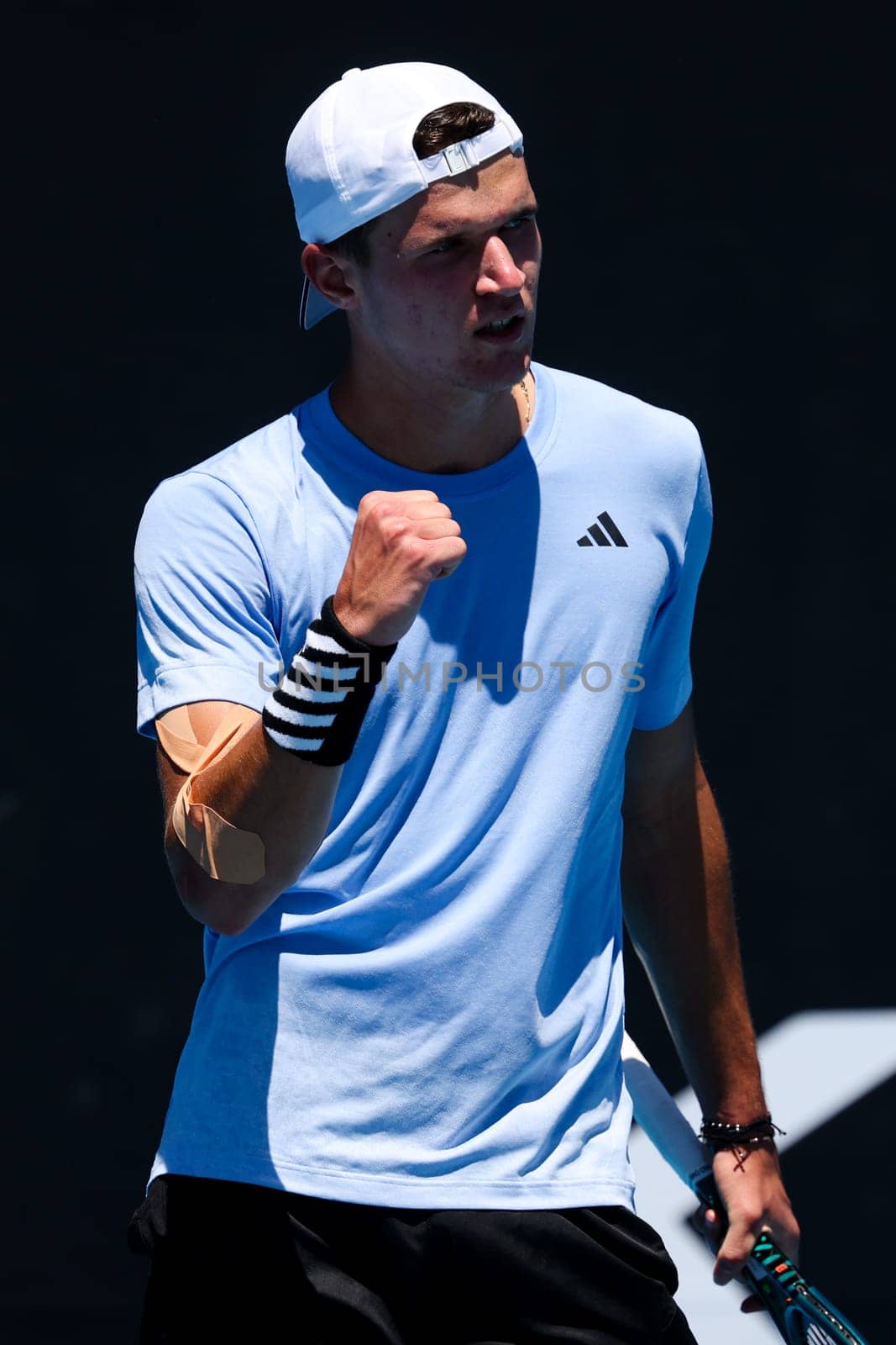 MELBOURNE, AUSTRALIA - JANUARY 12: Jakub Mensik of Czech Republic beats Harold Mayot of France in final round of qualifying ahead of the 2024 Australian Open at Melbourne Park on January 12, 2024 in Melbourne, Australia.