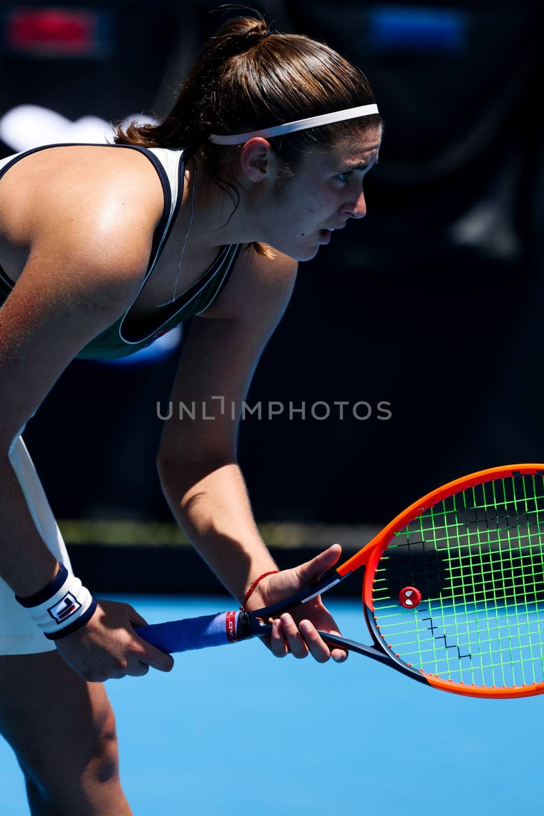 MELBOURNE, AUSTRALIA - JANUARY 12, 2024: Katie Volynets of the USA on her way to beating Julia Riera of Argentina in final qualifying ahead of the 2024 Australian Open at Melbourne Park on January 12, 2024 in Melbourne, Australia