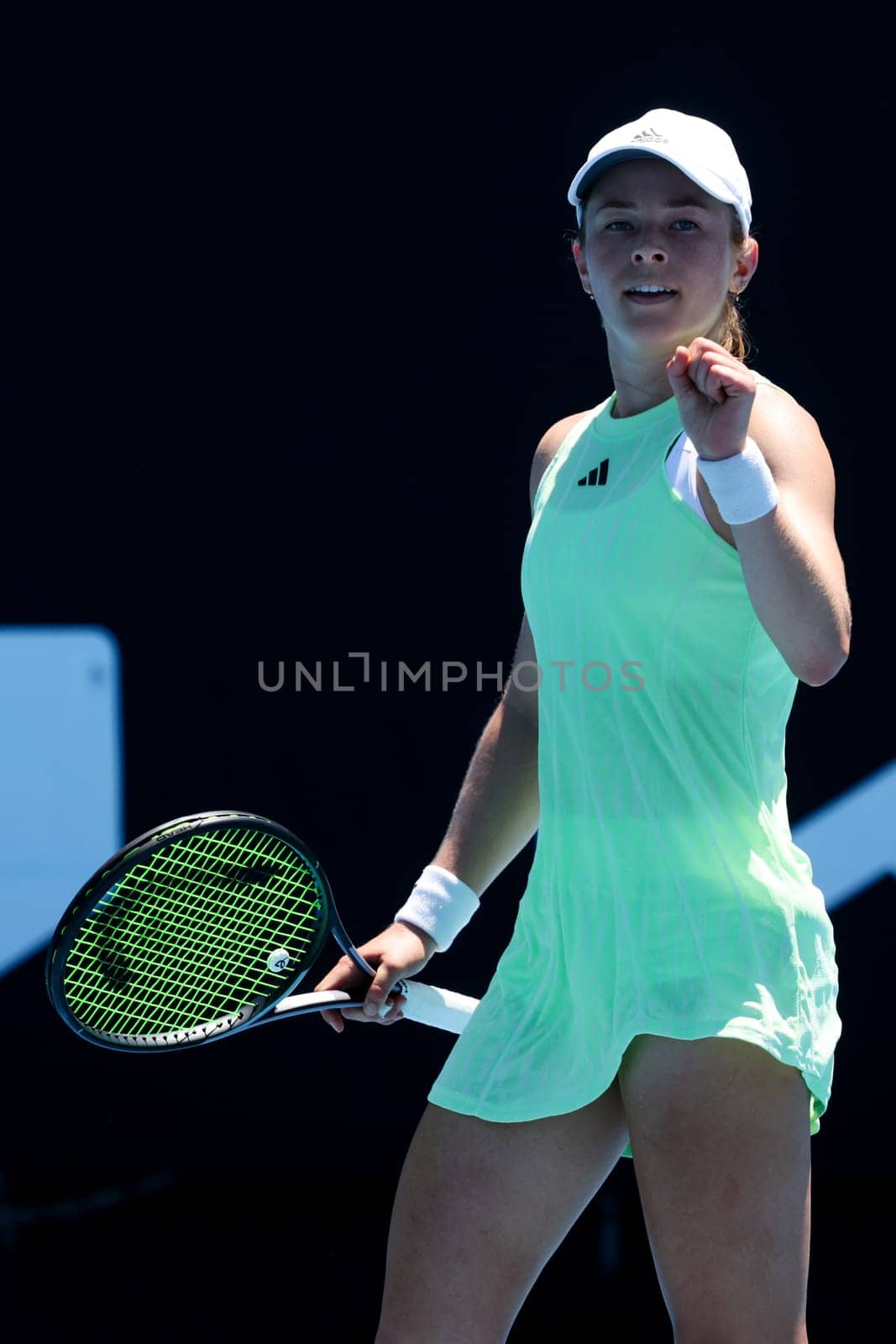 MELBOURNE, AUSTRALIA - JANUARY 12, 2024: Katie Volynets of the USA on her way to beating Julia Riera of Argentina in final qualifying ahead of the 2024 Australian Open at Melbourne Park on January 12, 2024 in Melbourne, Australia