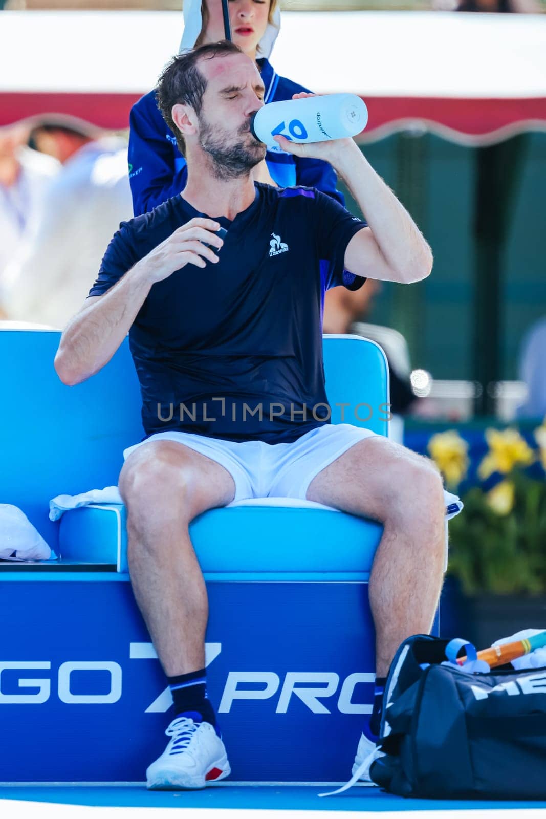 MELBOURNE, AUSTRALIA - JANUARY 12: Richard Gasquet of France at a changeover whilst playing Marc Polmans of Australia during day three of the 2024 Kooyong Classic at Kooyong on January 12, 2024 in Melbourne, Australia.