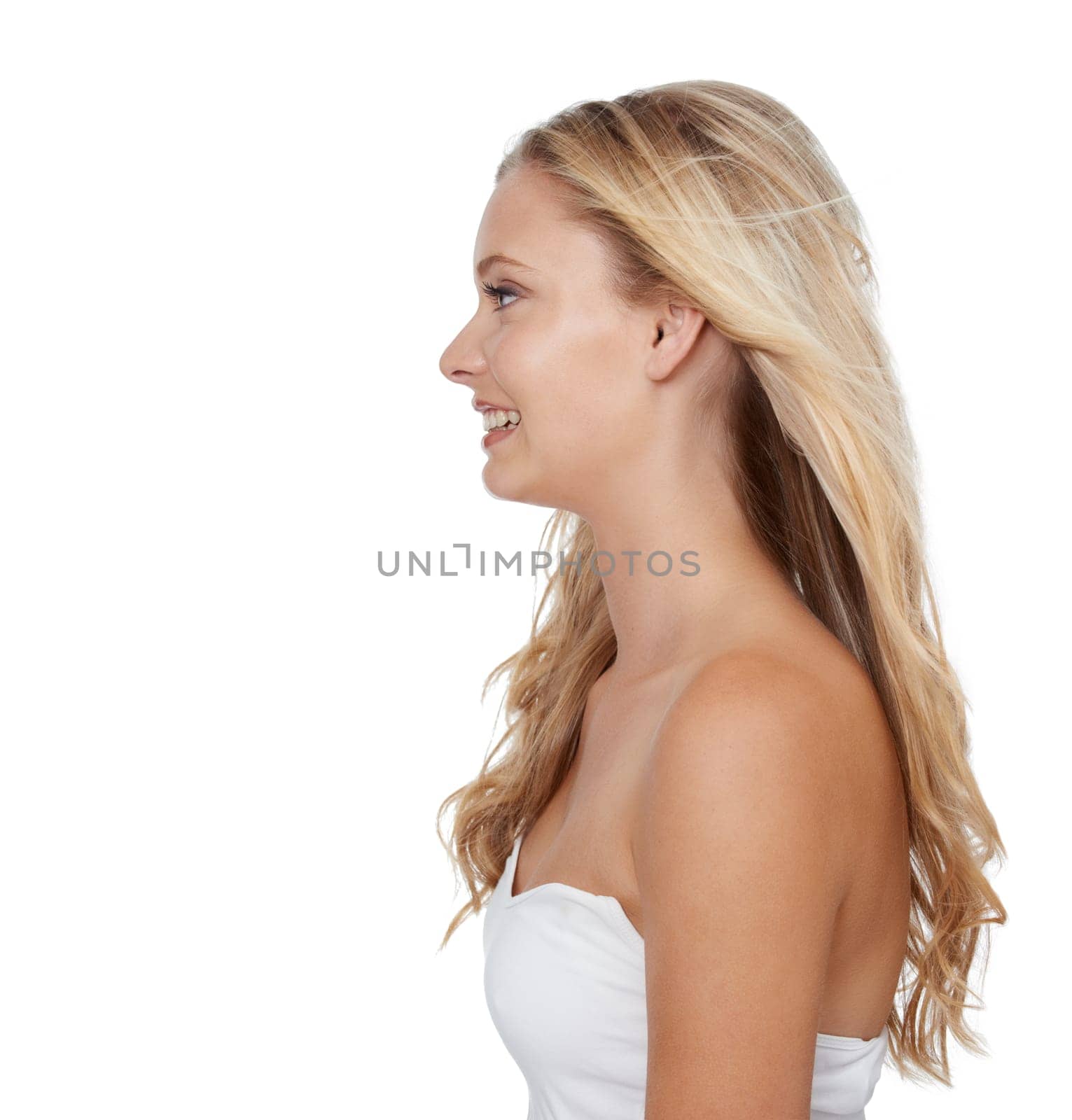 Beauty, woman and cosmetics in studio for hair care with keratin treatment, shampoo shine and mock up. Model, happy and soft hairstyle, texture and cosmetology at hairdresser on white background.