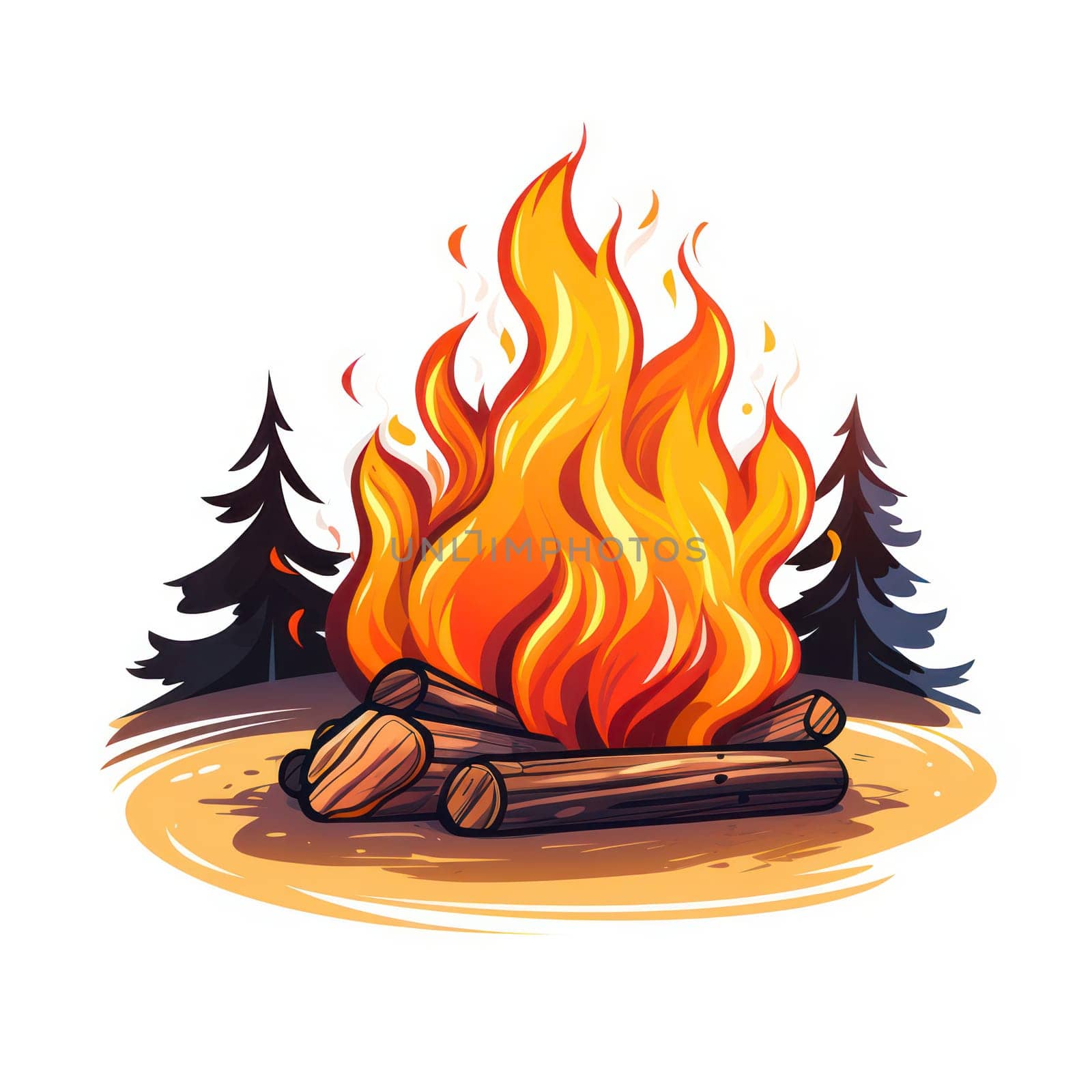 Flaming Campfire in Nature: A Warm, Illustrative Bonfire on a Summer Night