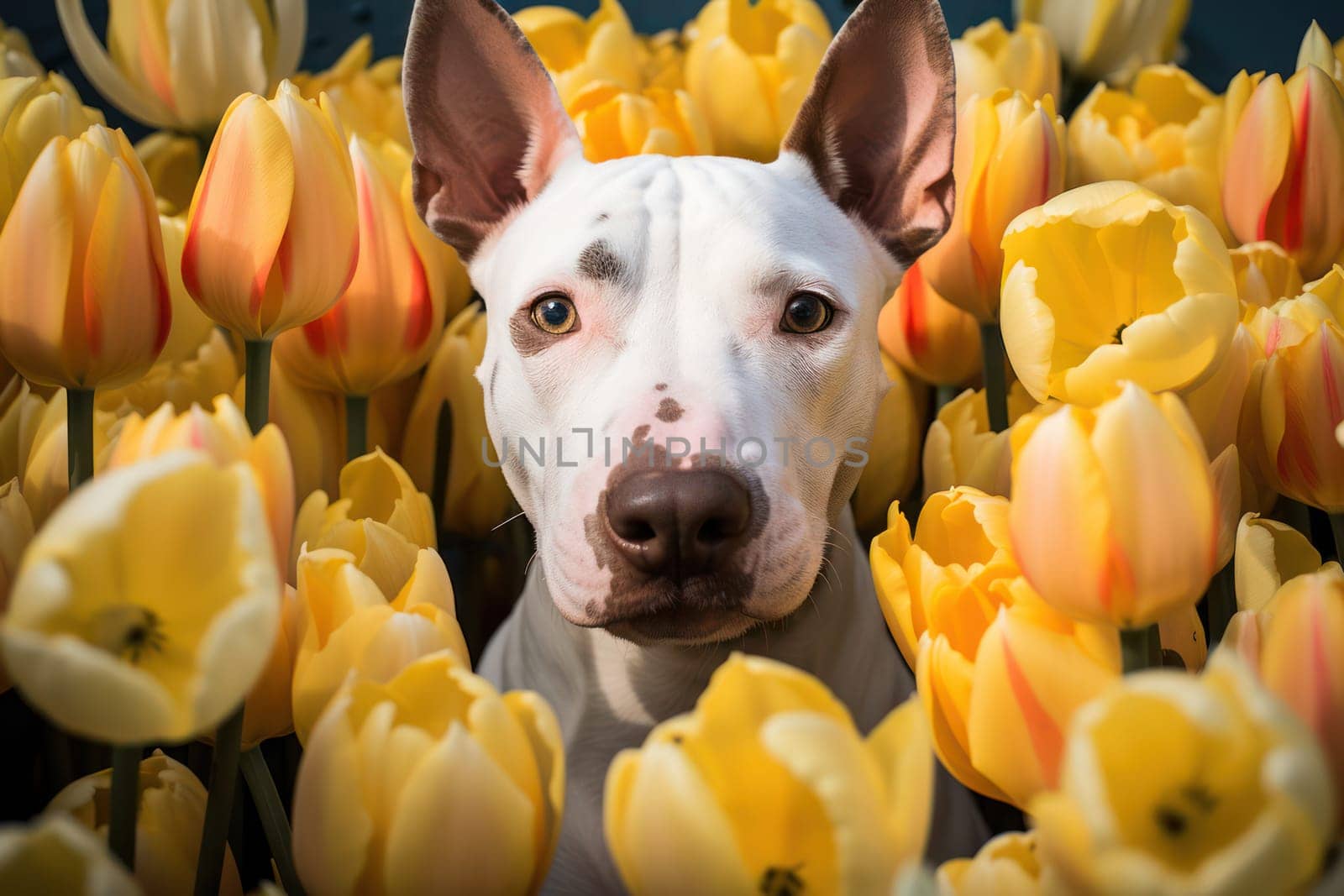Happy White Terrier Puppy with Bull Staffy in a Playful Spring Garden by Vichizh