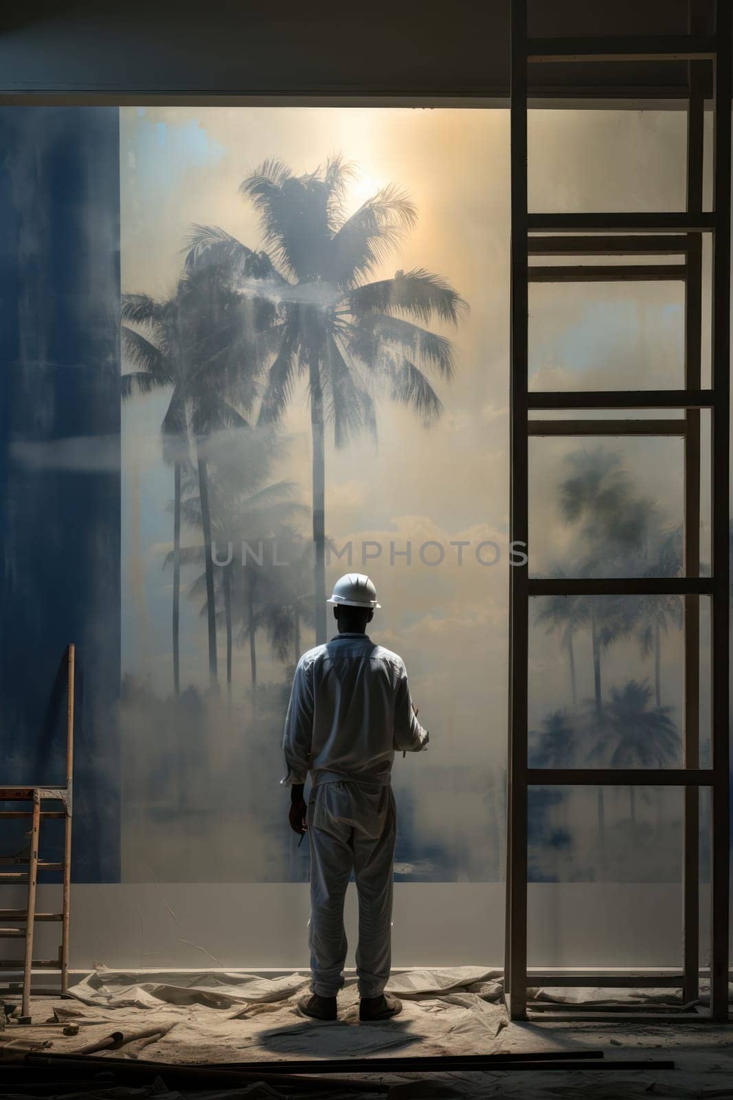 Silhouette of a male construction worker in a dark and mysterious background, amidst the city skyline at night, working on a high-rise building construction site, wearing a white hardhat, symbolizing the dangerous yet intriguing nature of his engineering a by Vichizh