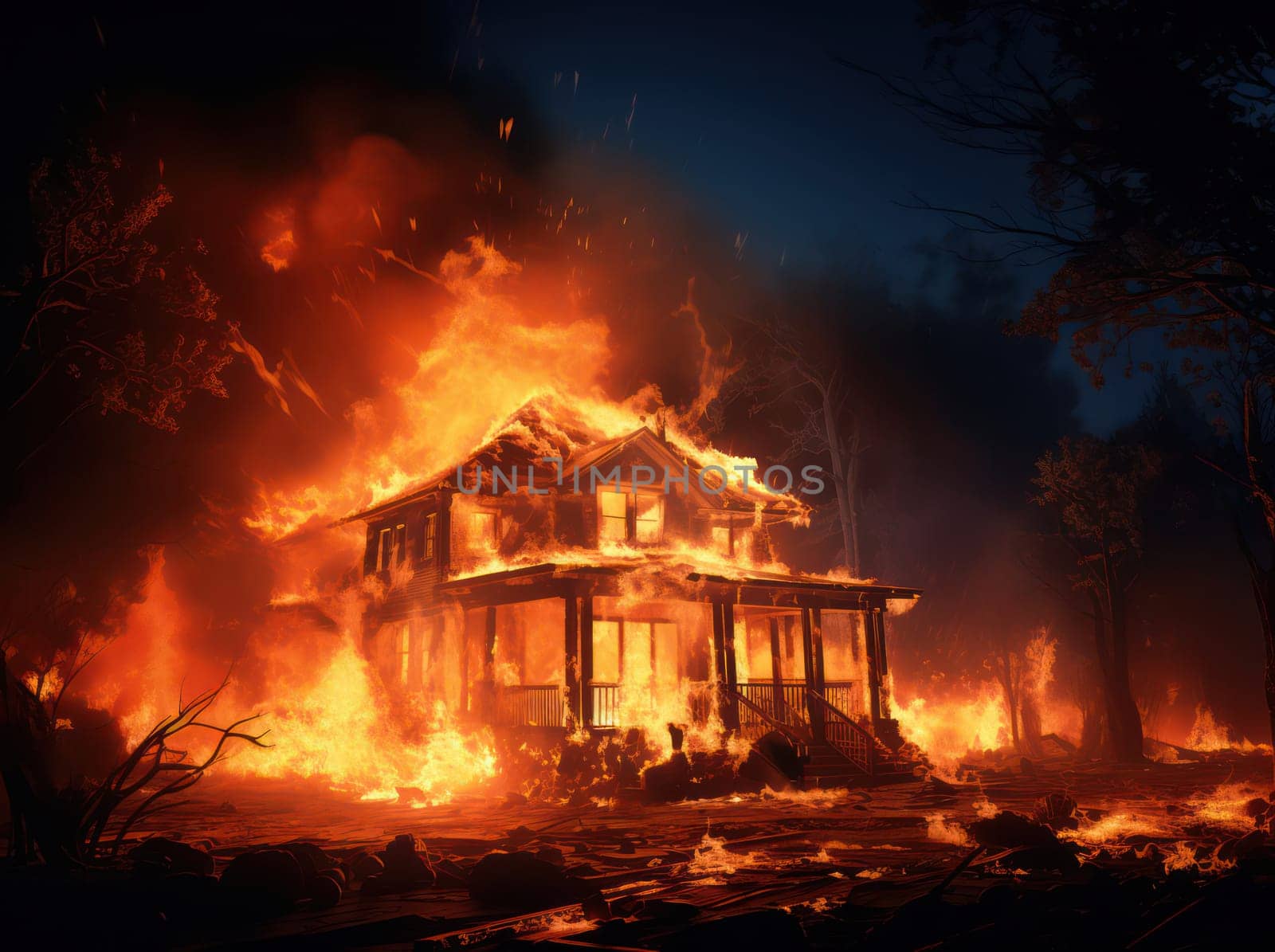 Hellish Inferno: House Engulfed in Destructive Blaze, Smoke and Flames, Threatening Intense Heat and Danger by Vichizh