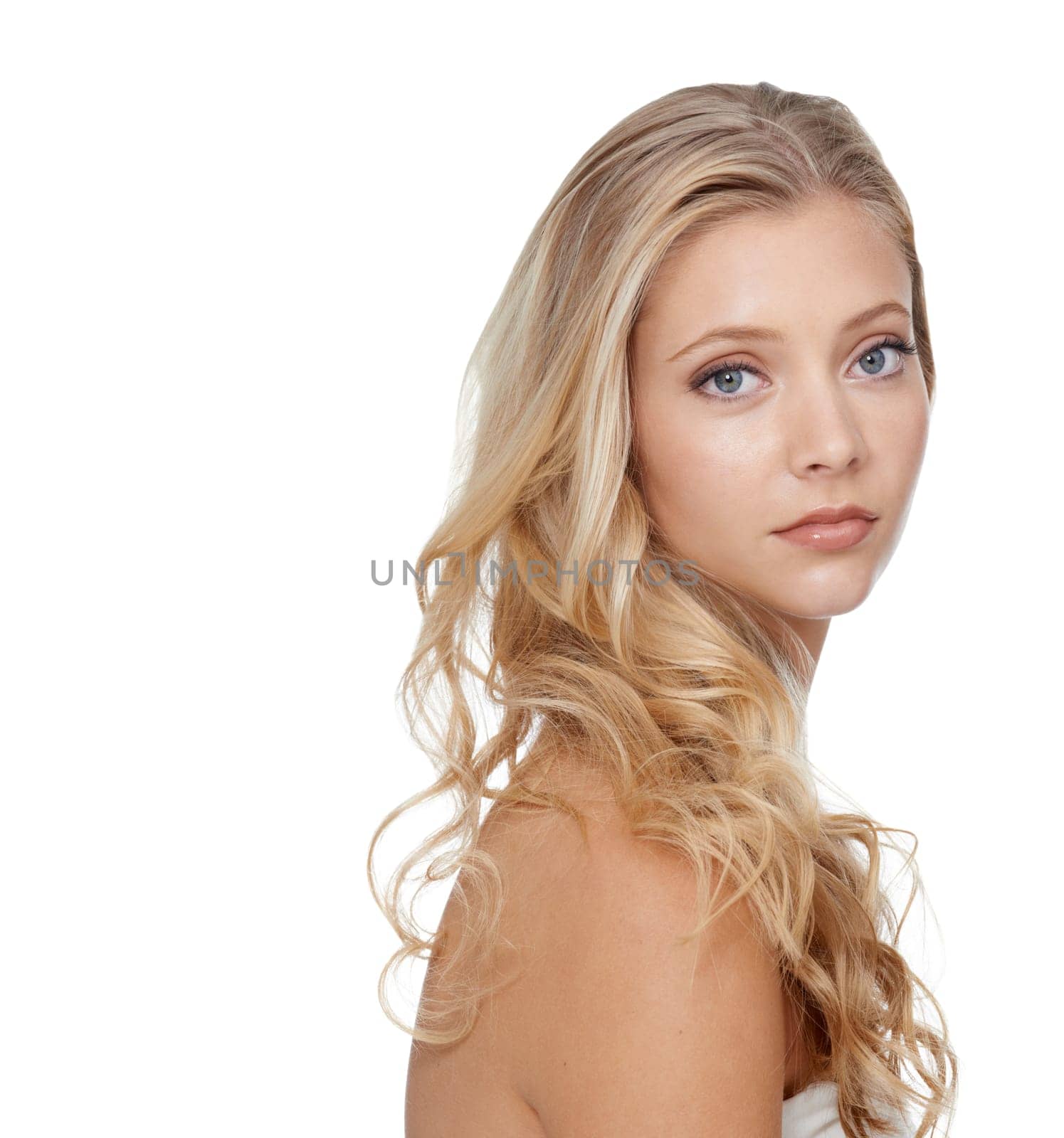 Woman, portrait and beauty with cosmetics in studio for hair care, salon treatment and shampoo shine. Model, person and mock up space with skincare, collagen texture and hairstyle on white background.