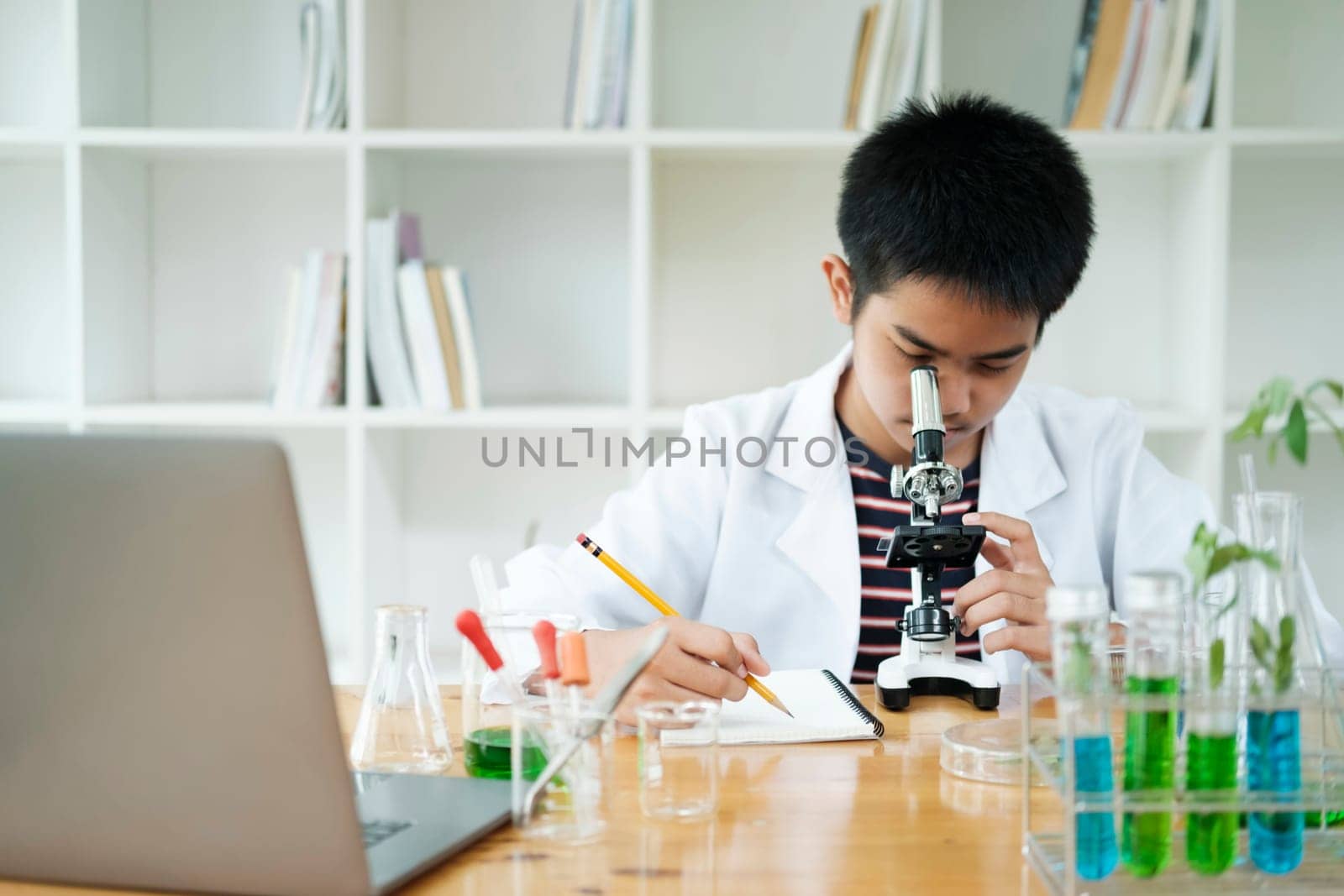 Young elementary schoolboy concentrates on his science project, exploring the world through a microscope. This image captures the essence of education, curiosity, and hands-on learning. Ideal for STEM, science education, and academic-themed projects.