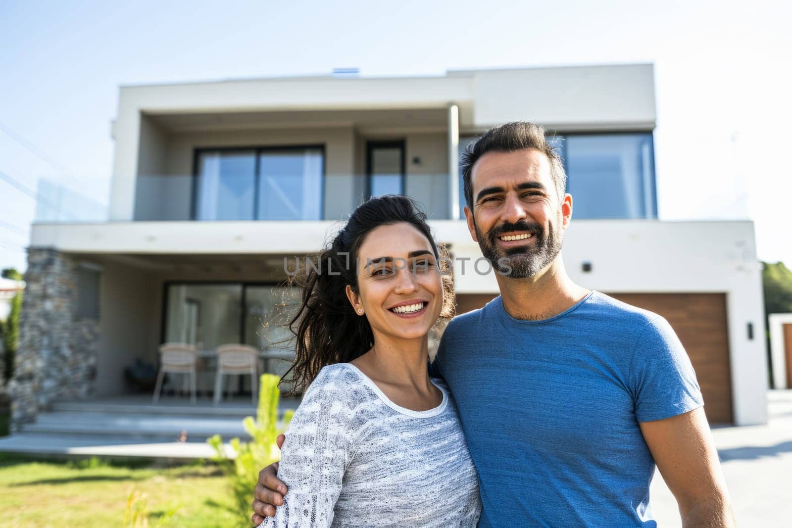 A happy man and woman stand together in front of a newly built house. by vladimka