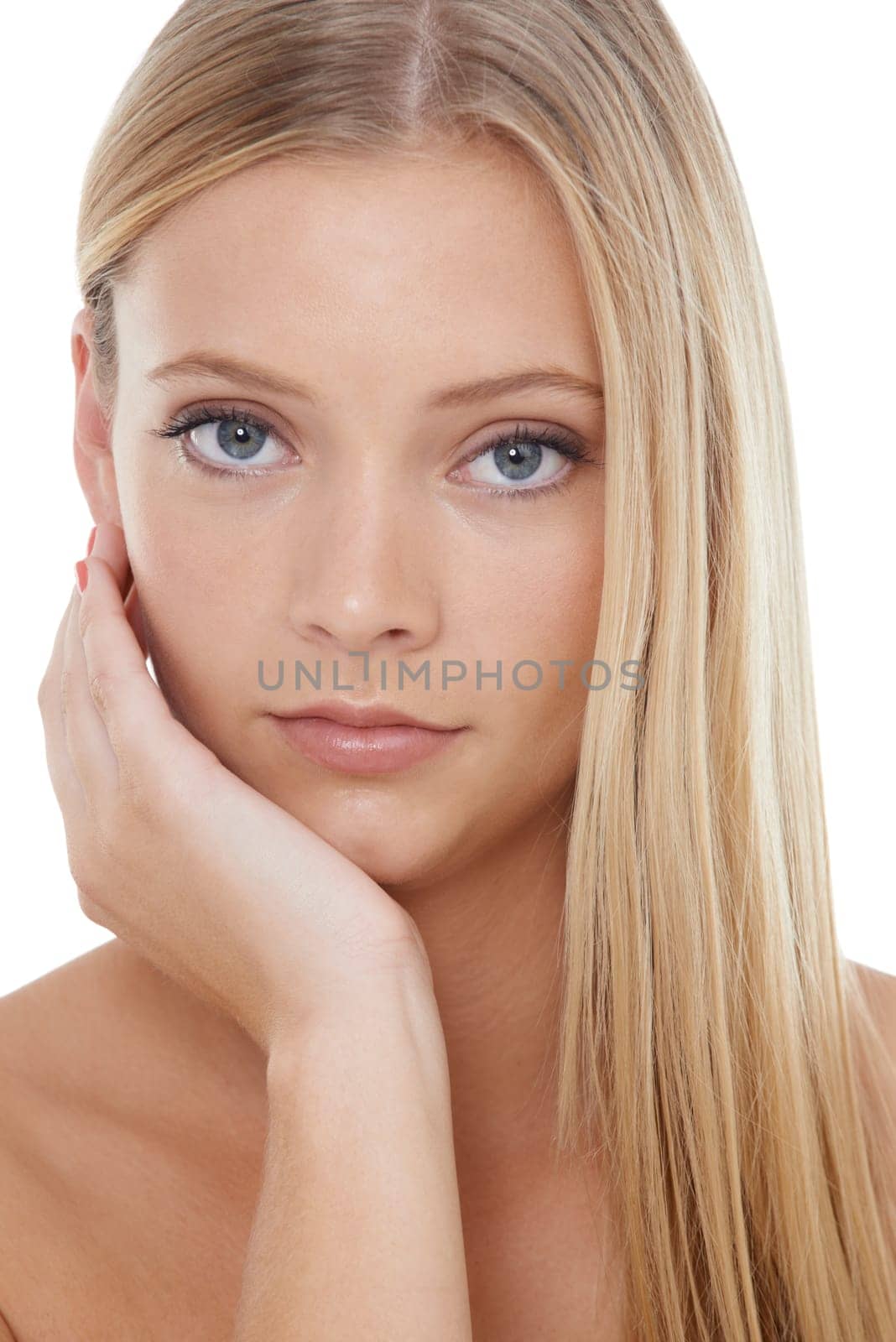 Woman, portrait and beauty with cosmetics in studio for hair care, botox treatment and shampoo shine. Model, person and confidence with skincare, collagen texture and hairstyle on white background.