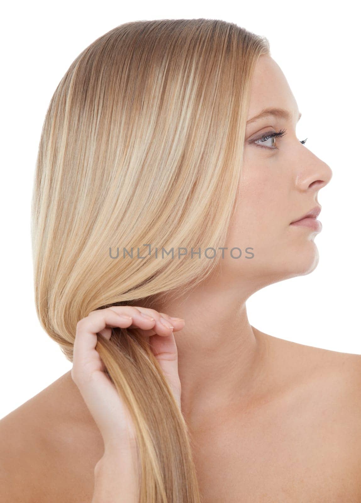 Woman, hair care and beauty with cosmetic in studio for natural glow, keratin treatment or shampoo shine. Model, person and confidence with skincare, collagen texture or hairstyle on white background.