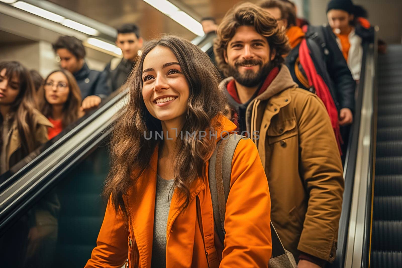 People on the subway by the escalator. High quality photo