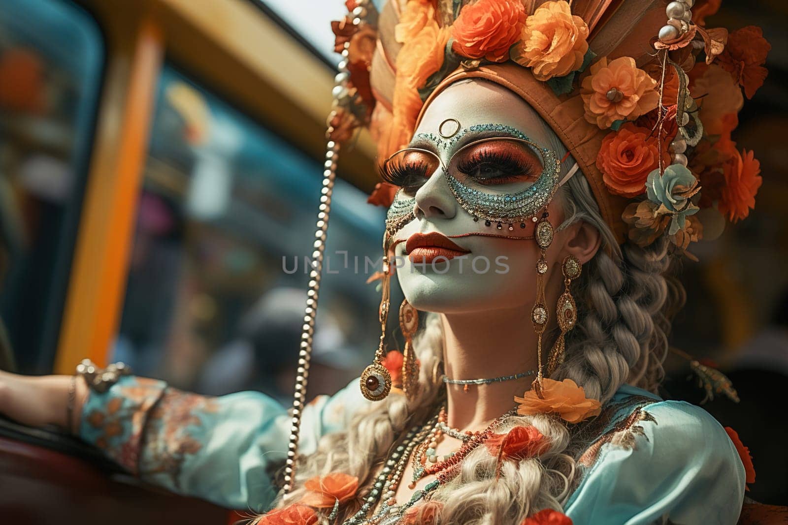 A girl in a carnival costume with a mask on her face, at the Venice Festival. High quality photo