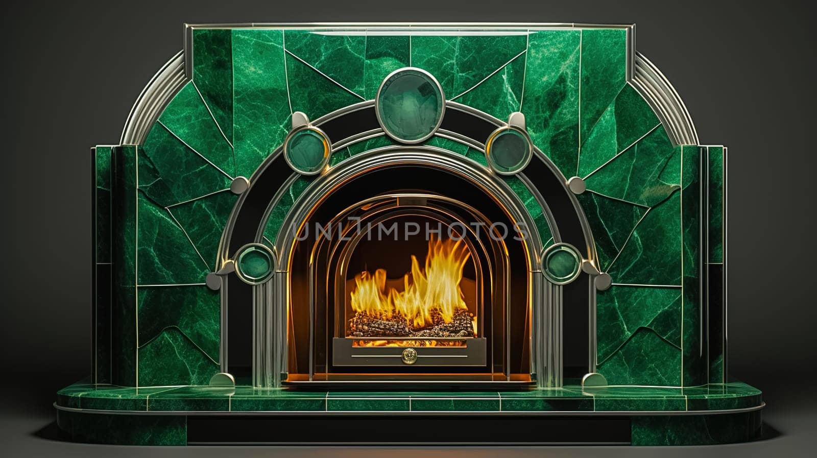 Contemporary malachite stone fireplace design. High quality photo