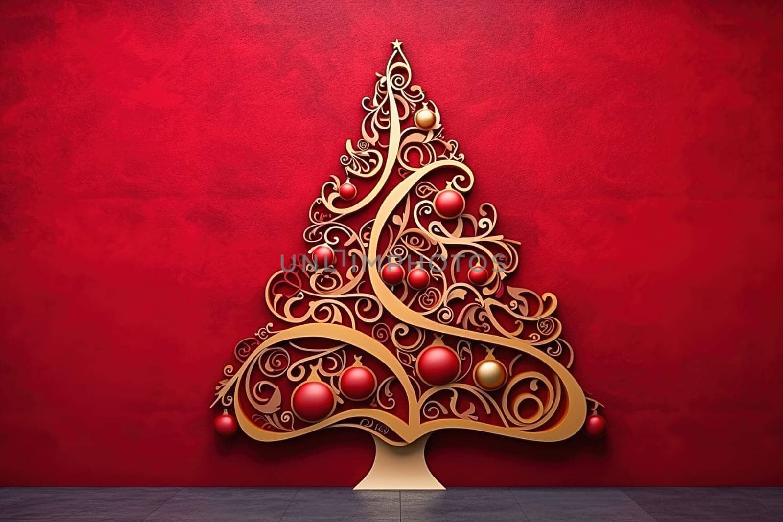 Illustration of 3d Christmas tree on red background. by Yurich32