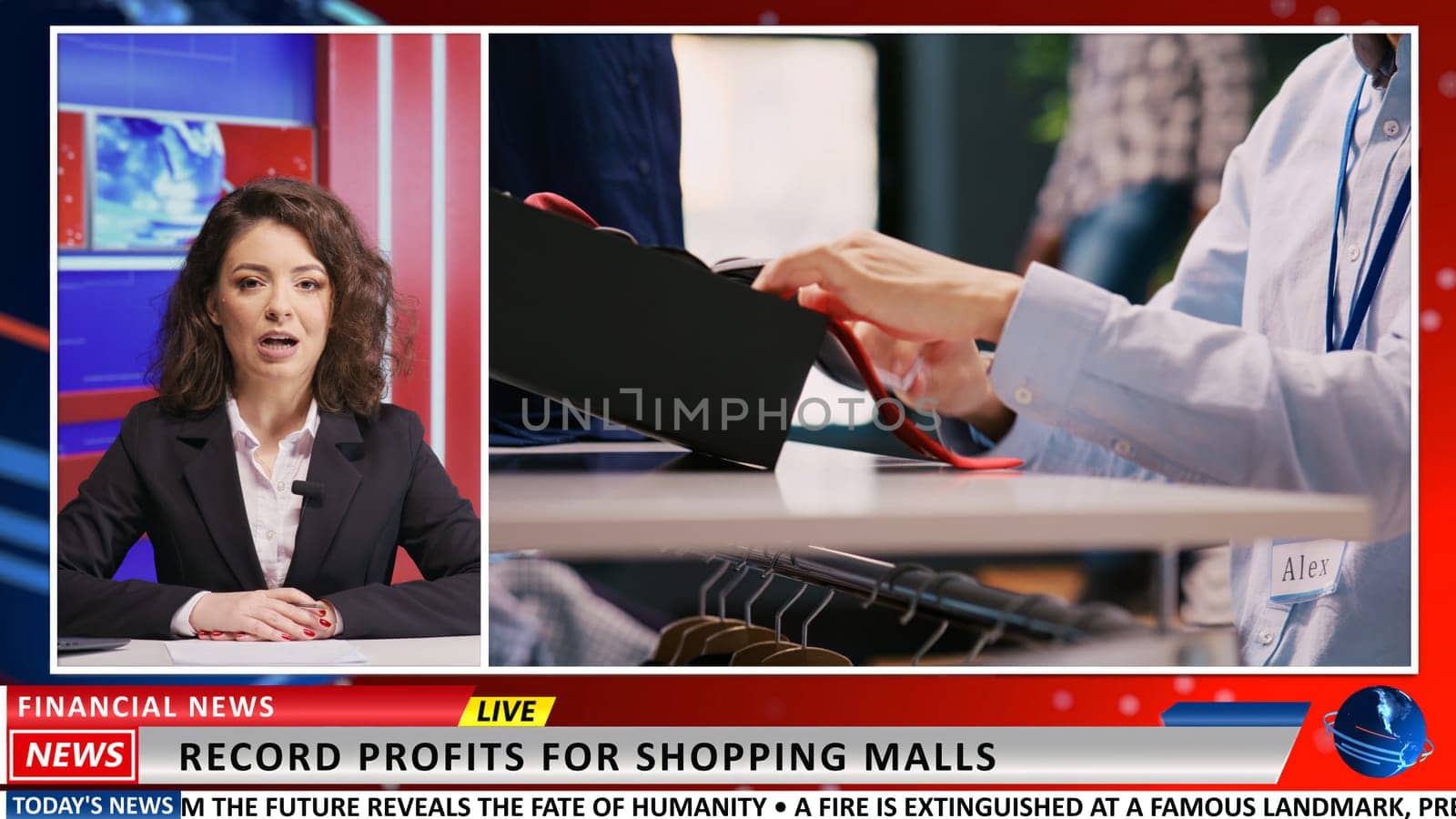 Reporter talk about shopping success and retail store profit during sales season, presenting latest news in fashion trends on international television. Woman presenter advertisement.