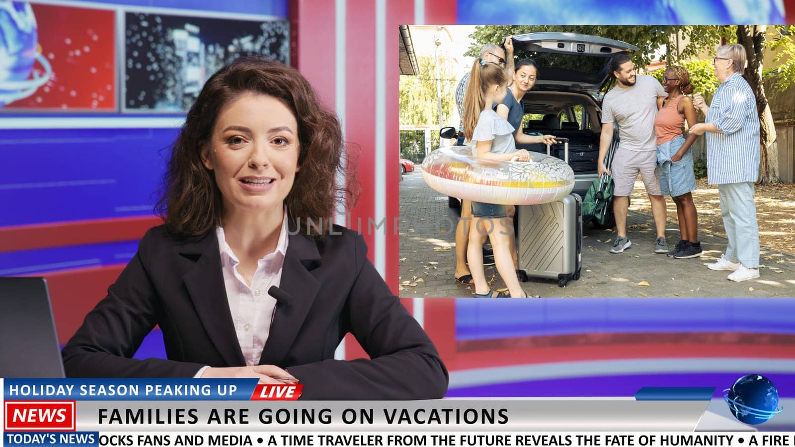 News reporter presents summer vacations on live television, showing footage of families enjoying holidays in the sun and roadtrips. Woman newscaster covering leisure activities topic.