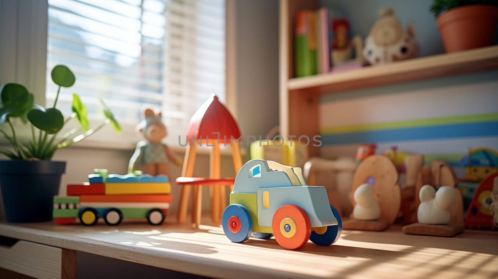 Sunlit vibrant wooden toy cars on a table, with a cozy ambiance by Zakharova