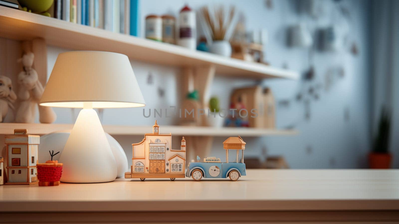 Glowing lamp and wooden toys on a shelf in a child's room on a table, with a cozy ambiance.