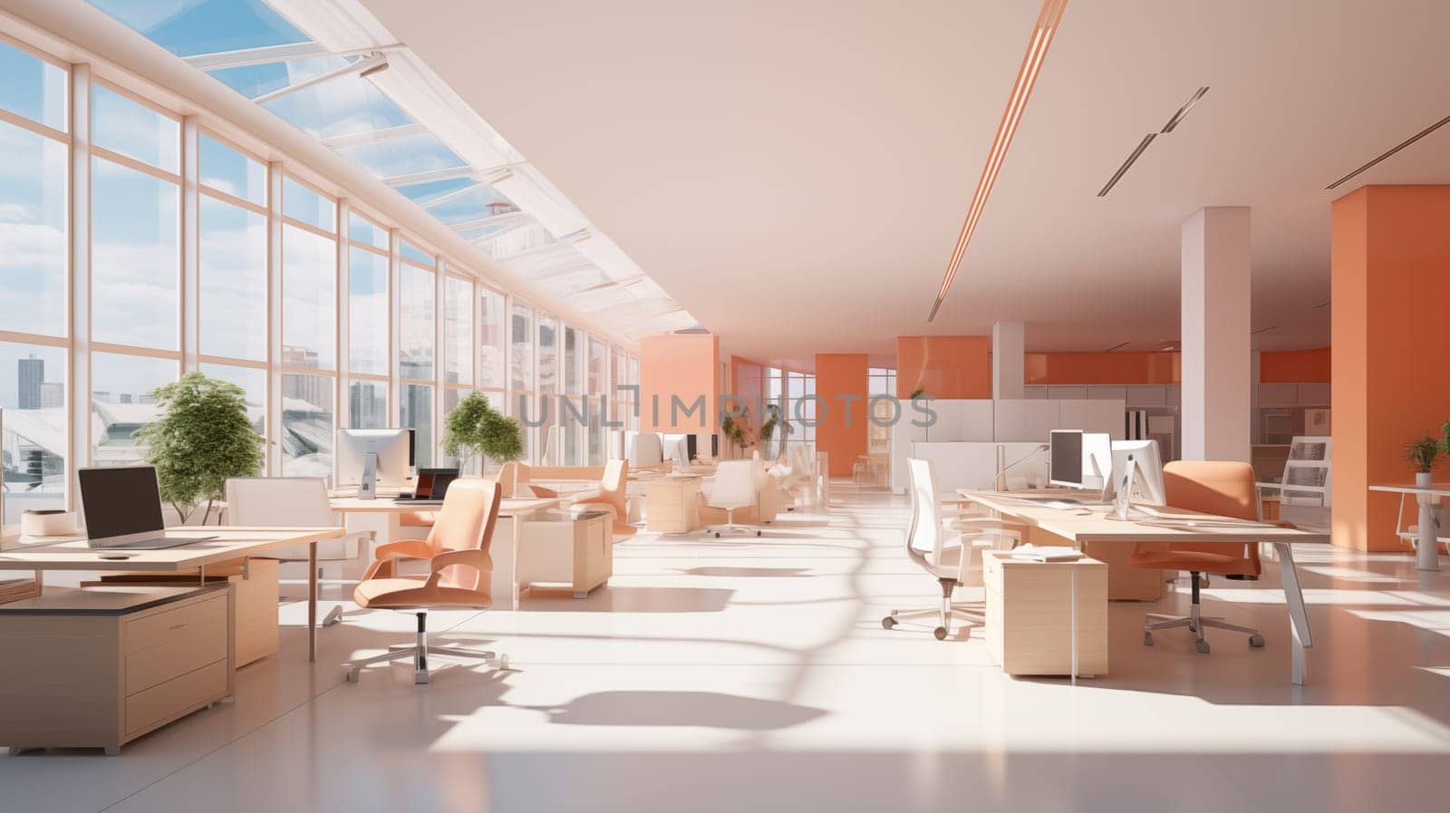 Modern office interior in light peach color, modern workspace with natural lighting from large windows.