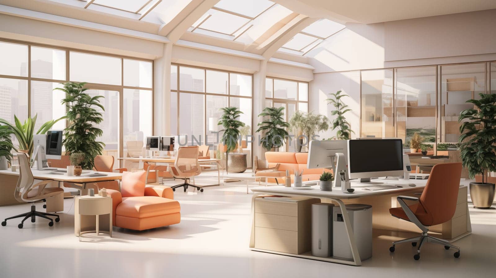 Modern office interior in light peach color, modern workspace with natural lighting.