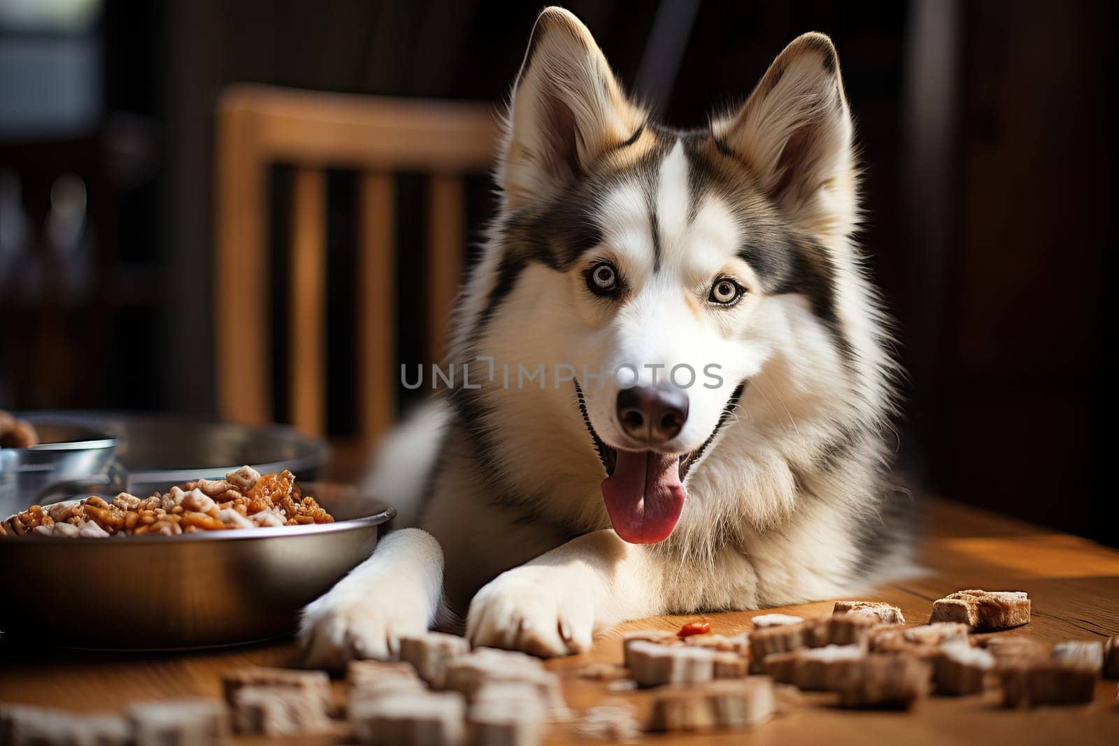 Siberian Husky lies near a bowl of food by Niko_Cingaryuk