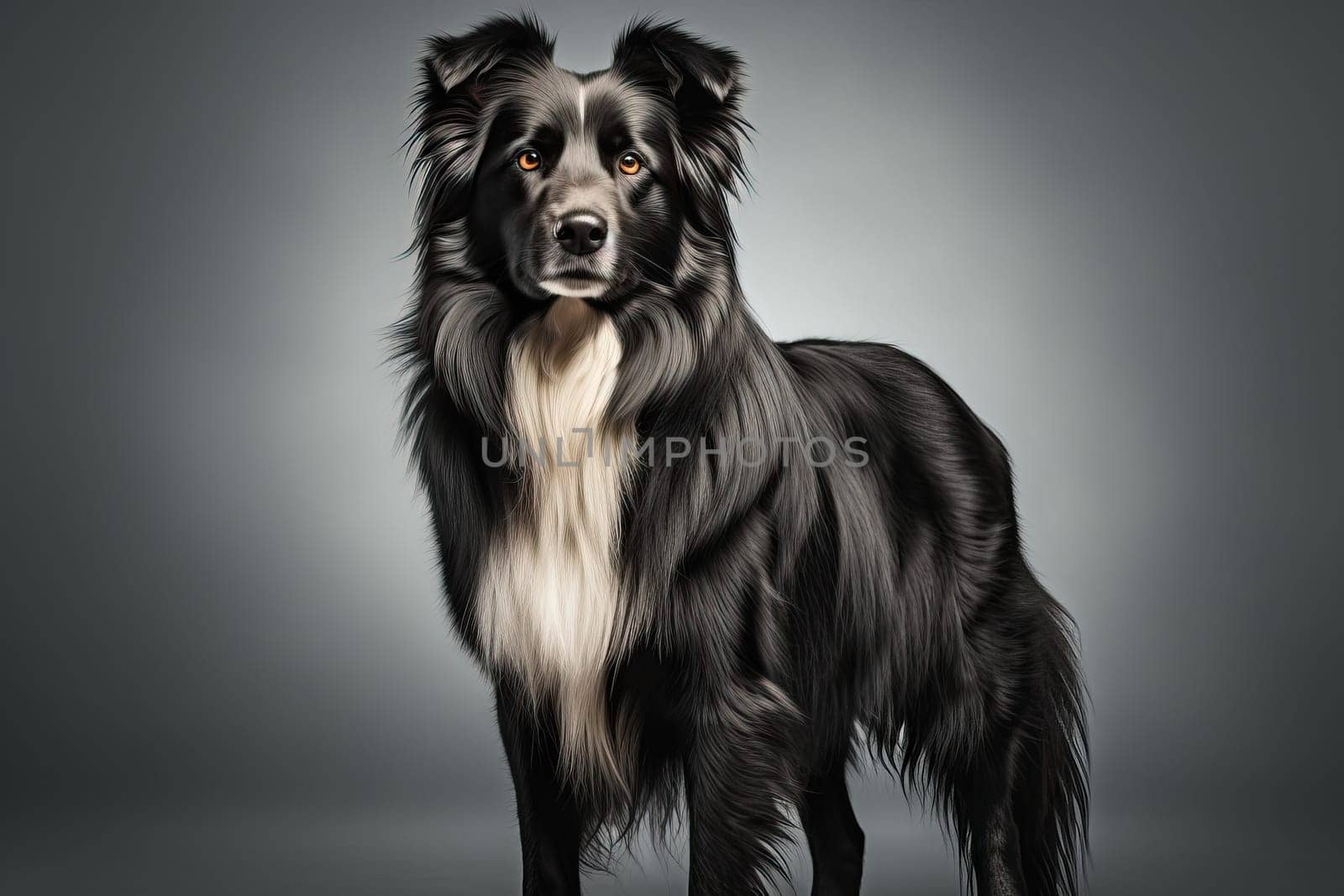 Border collie portrait on gray background, banner and copy space, dog front view.