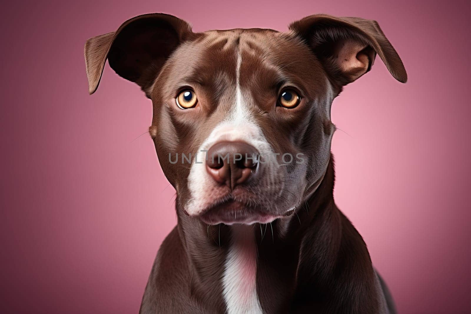 Portrait of a bulldog on a pink background, a brown bulldog.