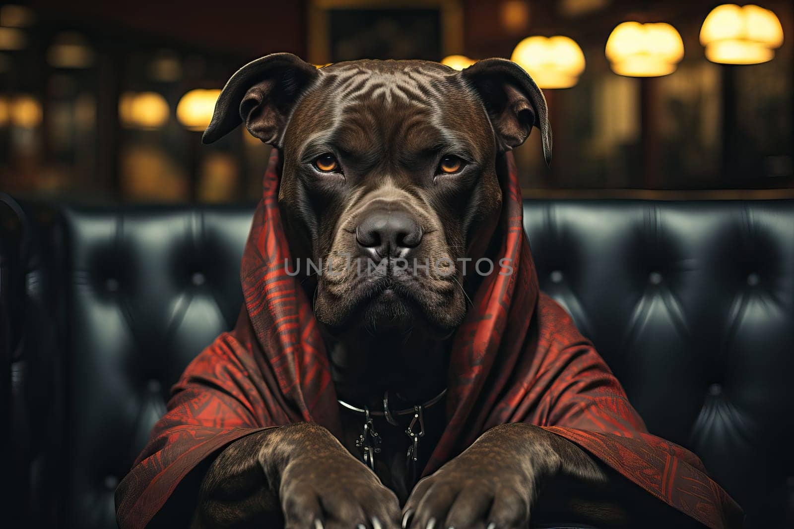 Boxer sitting on a chair with paws on the table, head dog concept.