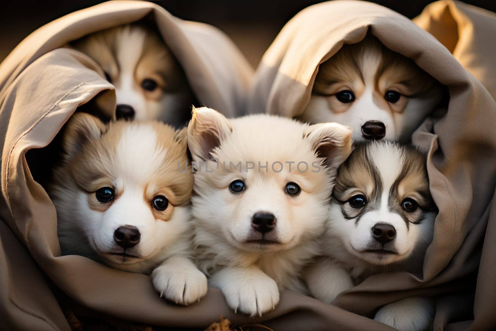 Little huskies wrapped in a blanket look ahead.