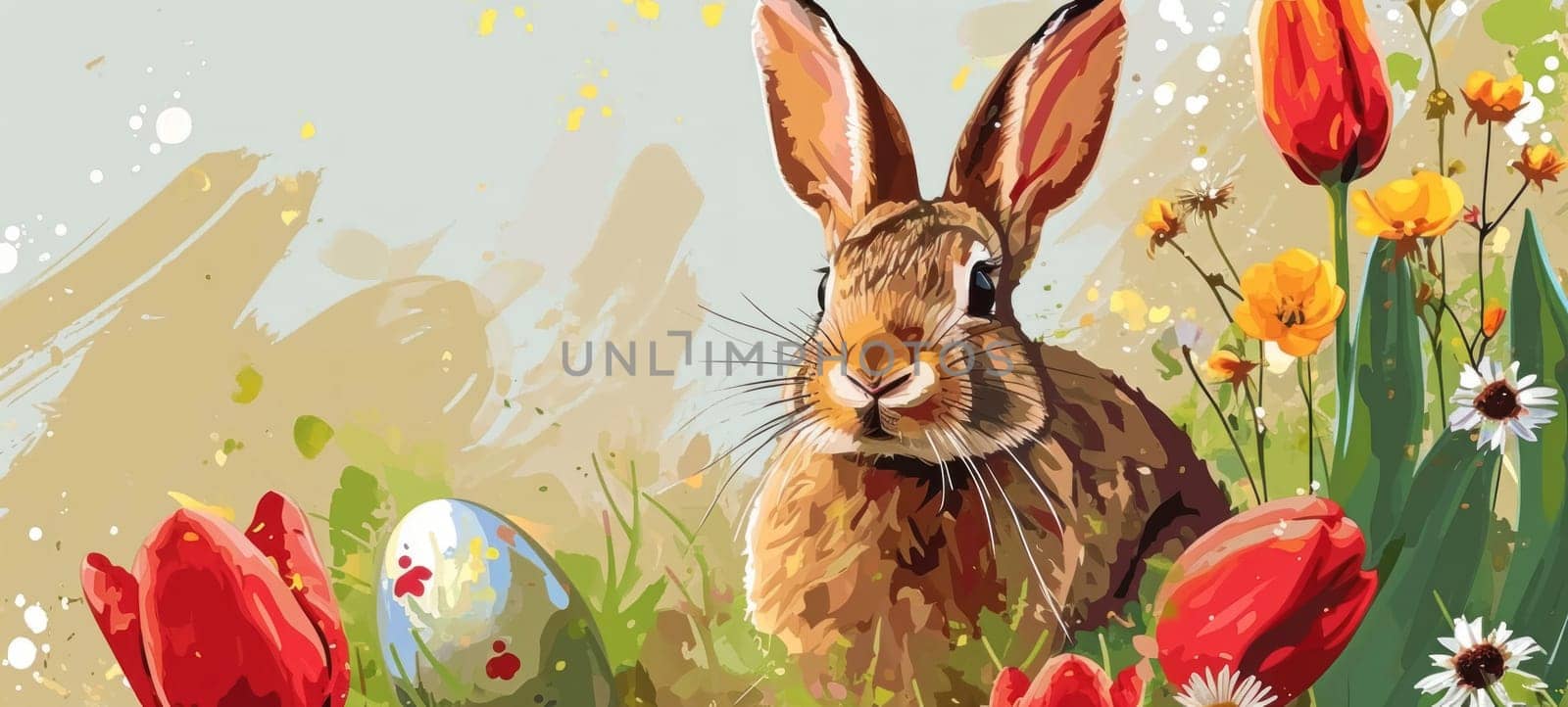 A vibrant Easter-themed illustration featuring an adorable bunny with a backdrop of spring flowers and creatively painted Easter eggs.