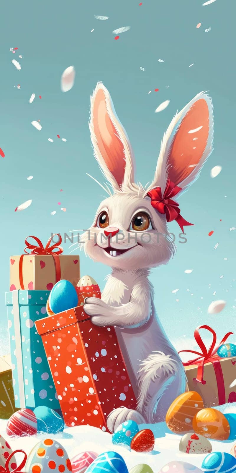 An endearing illustration of a cute Easter bunny with a red bow, holding a bright egg, surrounded by colorful gifts and Easter eggs on a festive day.