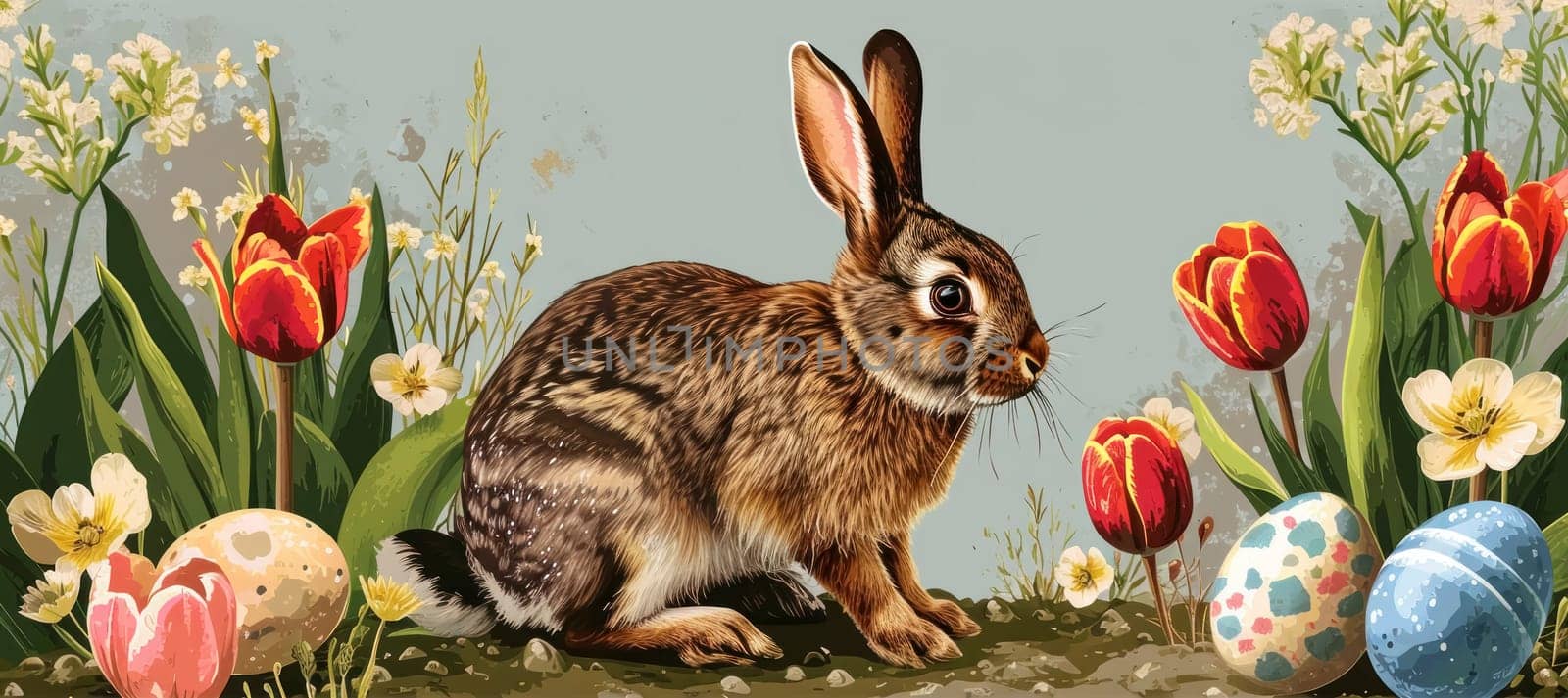 An illustrated scene featuring a detailed Easter bunny in a garden with red tulips, white flowers, and speckled Easter eggs, evoking a festive spring atmosphere.