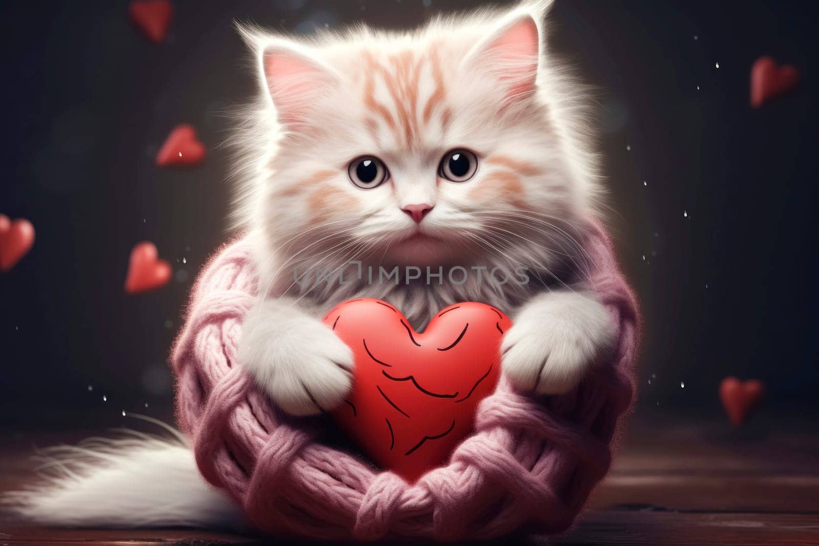 A cute, fluffy, white-and-orange kitten with big, round eyes hugging a red heart, wrapped in a cozy pink scarf, evoking warmth and love.