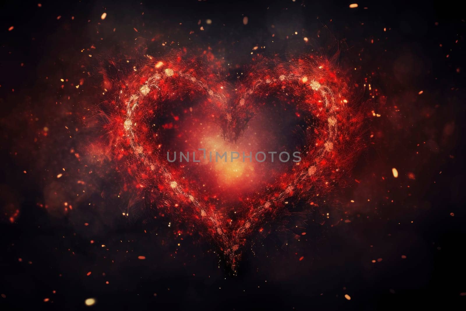 An abstract illustration of a heart engulfed in flames and sparkles, symbolizing intense passion or a burning love, set against a dark backdrop.