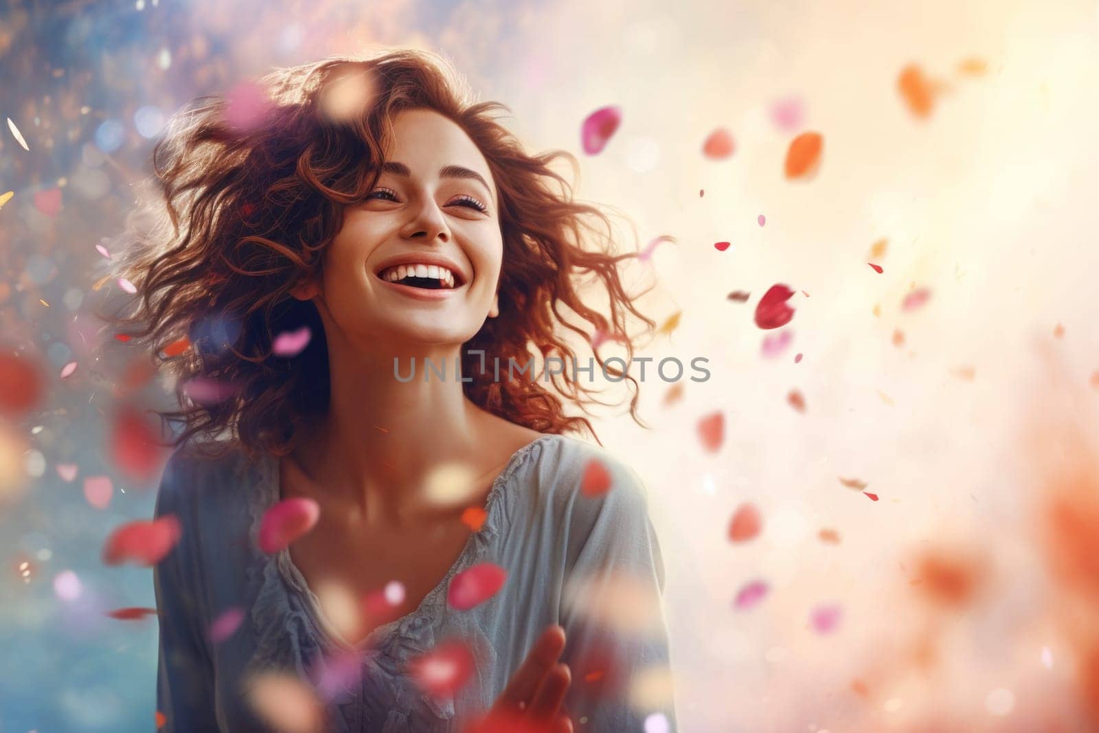 A delighted woman smiles under a shower of heart-shaped confetti, expressing pure joy in a celebratory atmosphere