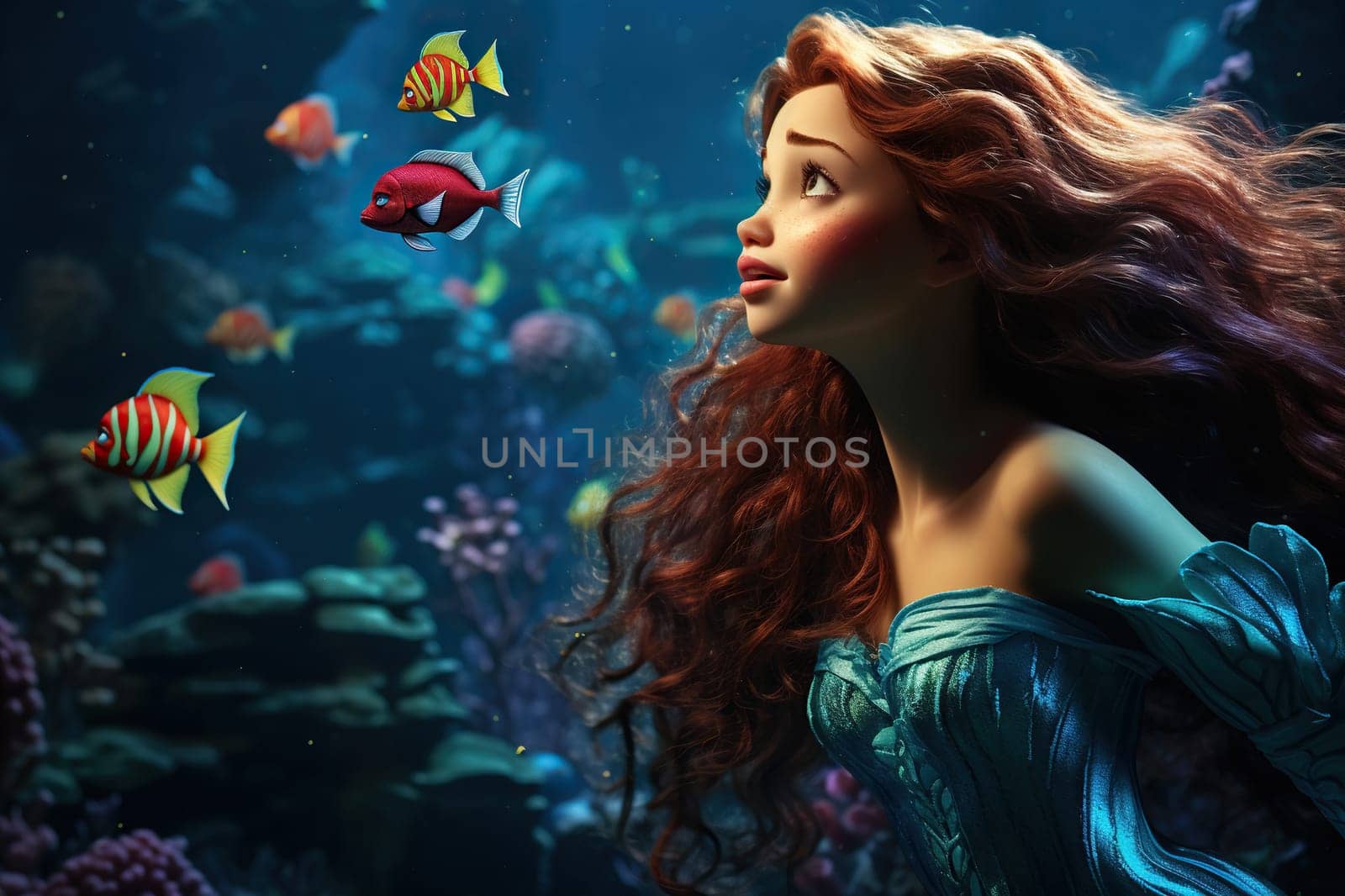 An attractive girl in the form of a little mermaid with bright hair underwater with exotic fish. Generated by artificial intelligence by Vovmar