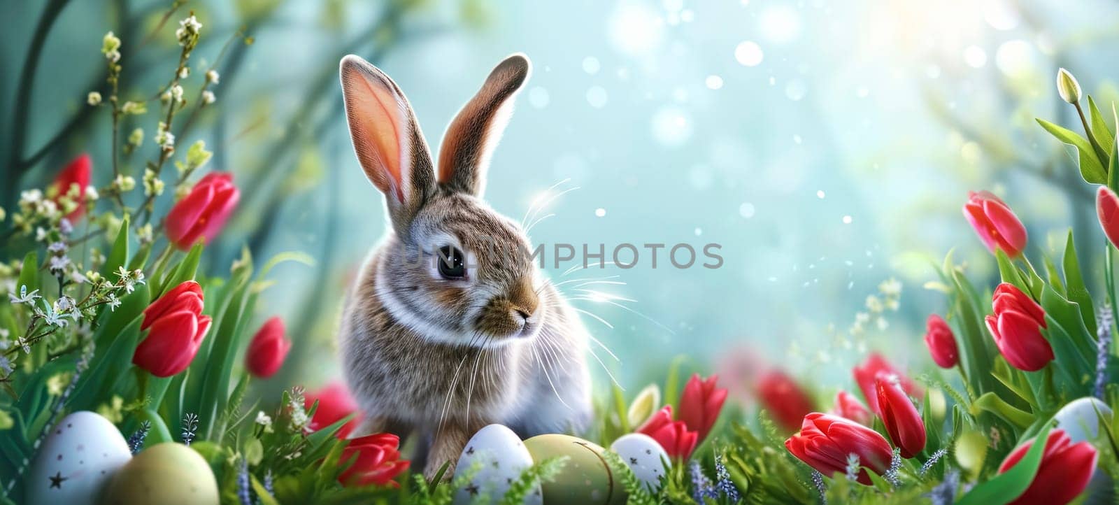 A magical portrait of a bunny surrounded by vivid red tulips and colorful Easter eggs, evoking the enchantment of a springtime fairy tale.