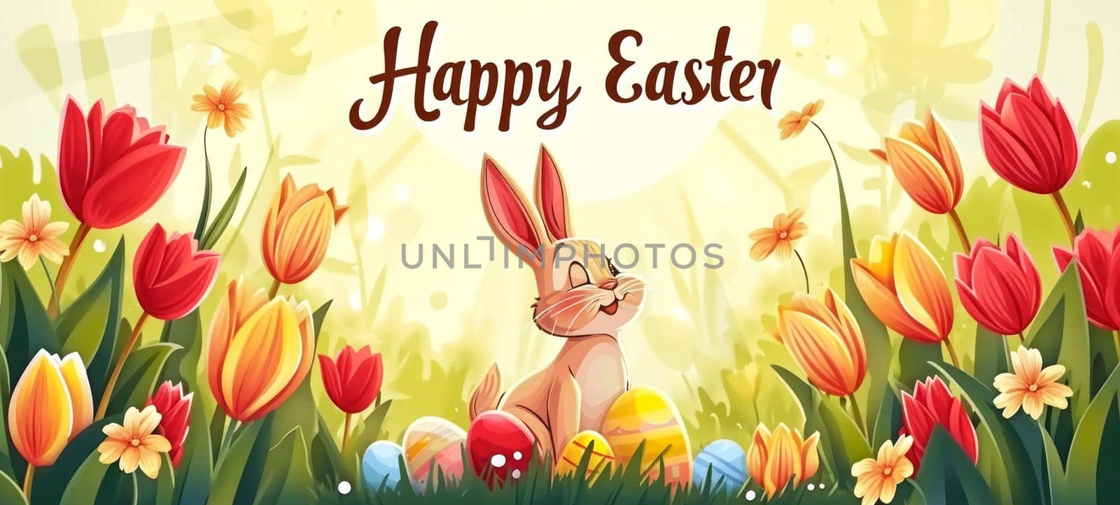 A vibrant Happy Easter greeting card illustration, featuring a cartoon bunny with colorful tulips and Easter eggs in a sunny spring setting.