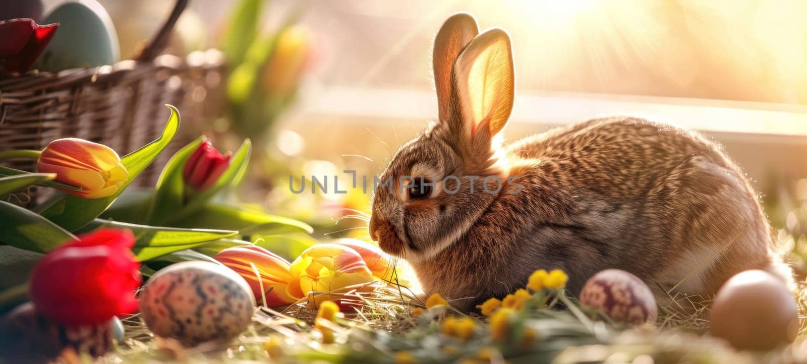 A serene Easter bunny sits amidst a scattering of vibrant Easter eggs and fresh tulips, bathed in the soft glow of sunrise