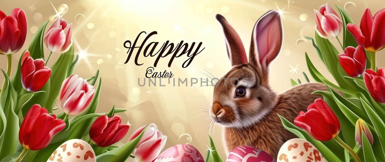 A festive Easter banner depicting a lifelike bunny with a backdrop of radiant red tulips and intricately decorated eggs, embodying the joy of the holiday.