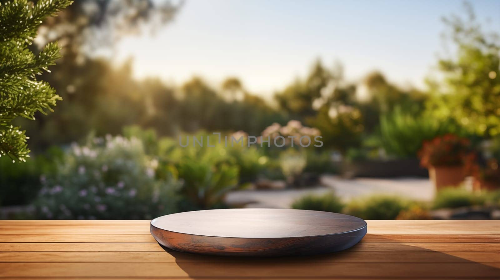 Empty dark wooden plate on a table overlooking a sunlit garden, ideal for outdoor dining concepts. by Zakharova