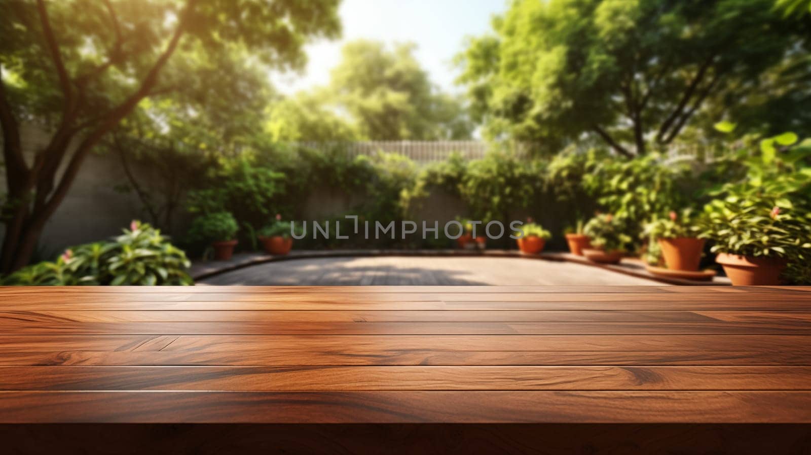 a polished empty wooden surface with a blurred lush garden background. by Zakharova