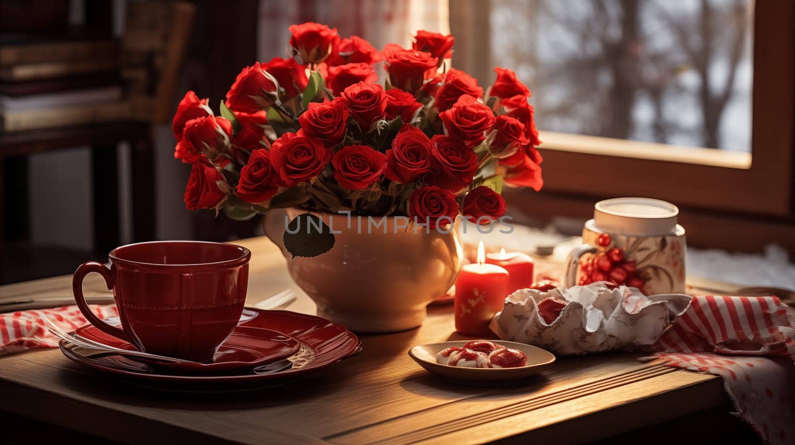 dining table with a cup, lighted candles, red roses in a ceramic vase.