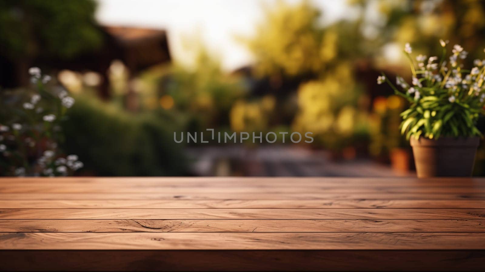 Warm wooden surface with a soft-focus garden and potted plants in the background. Place for your product