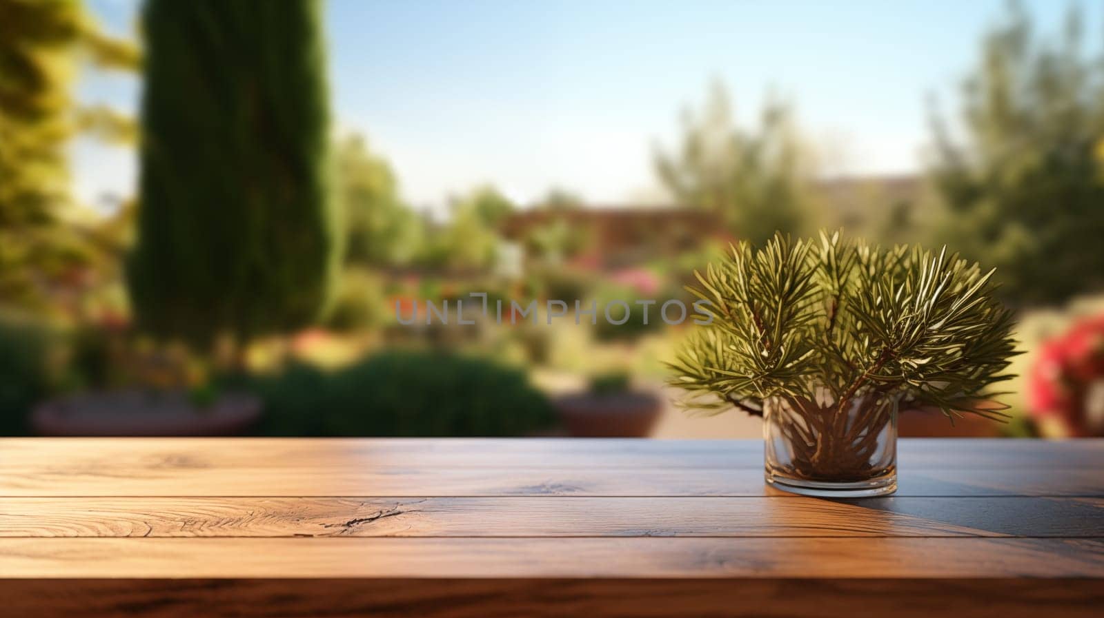 Peaceful garden scene with warm sunlit foliage and green coniferous plant on wooden table. by Zakharova