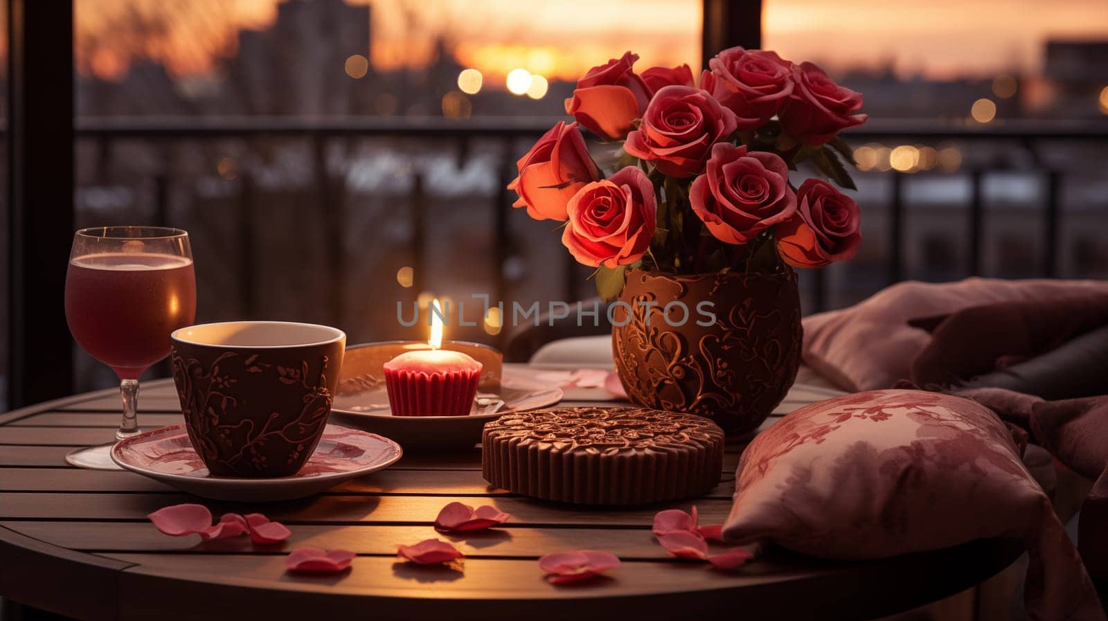 a dining table with lighted candles, red roses and elegant dishes against the background of the twilight sky outside the window.